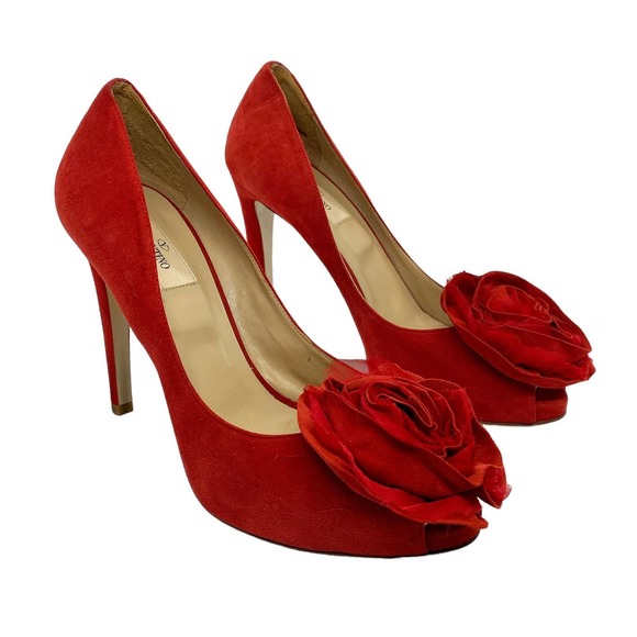 Valentino Garavani Shoes - Valentino Garavani Red Suede Rose Peep Toe Shoes sz 40, sz 9 (runs small)